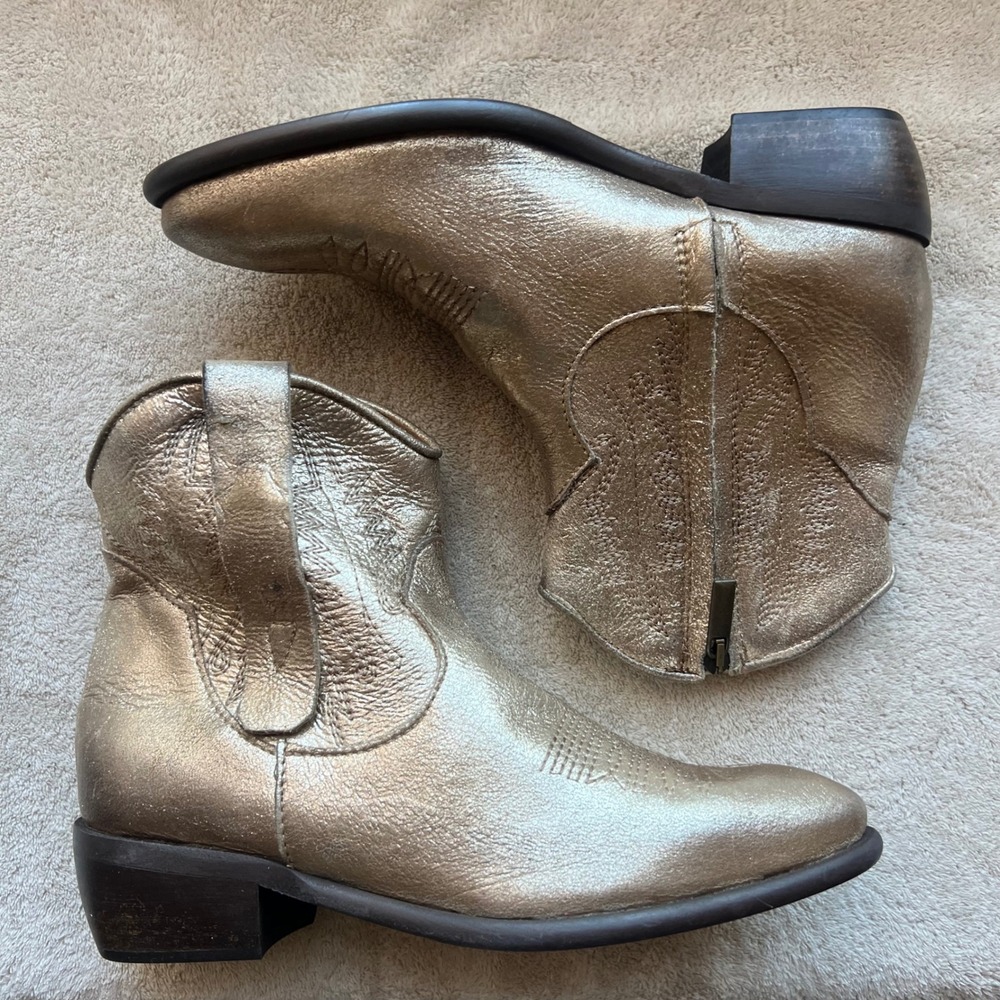 ZIGI Women 6.5 EU37 Gold Metallic Leather Western Ankle Boot Cowgirl Causal Glam